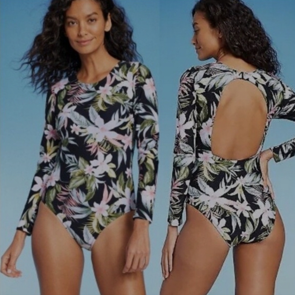 Kona Sol New Floral Long Sleeve Open Back Swimsuit Size Large